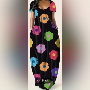 Floral Maxi Dress - Black with Multicolor Flowers